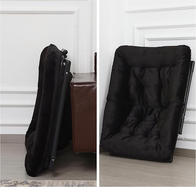 Comfy Saucer Chair for Adults, Soft Faux Fur Bedroom Chair with Ottoman, Accent Dorm Chairs, Living Room Reading Chairs and Footstool, Folding Seat for Teens, X-Large, Black
