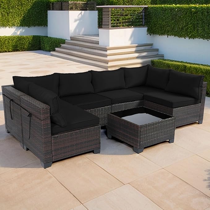 CHABATREE 7 Pieces Outdoor Patio Furniture Sets,Rattan Conversation Sectional Set,Manual Weaving Wicker Patio Sofa with Tea Table