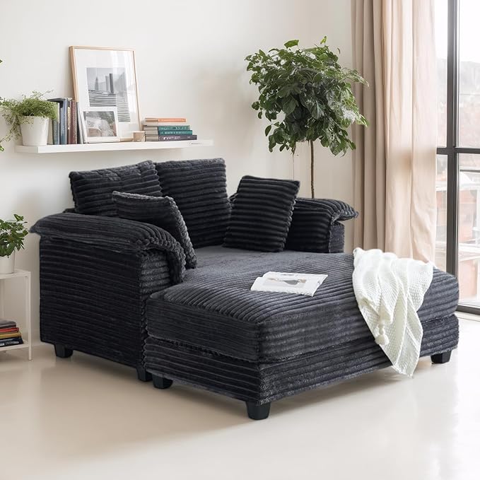 VINGLI Lounge Chair, 56" Oversized Reading Chair Corduroy Chaise Sofa Recliner Bed Upholstered Comfy Sleeper Couch with Throw Pillows and Armrests for Living Room, Movie Room, Bedroom