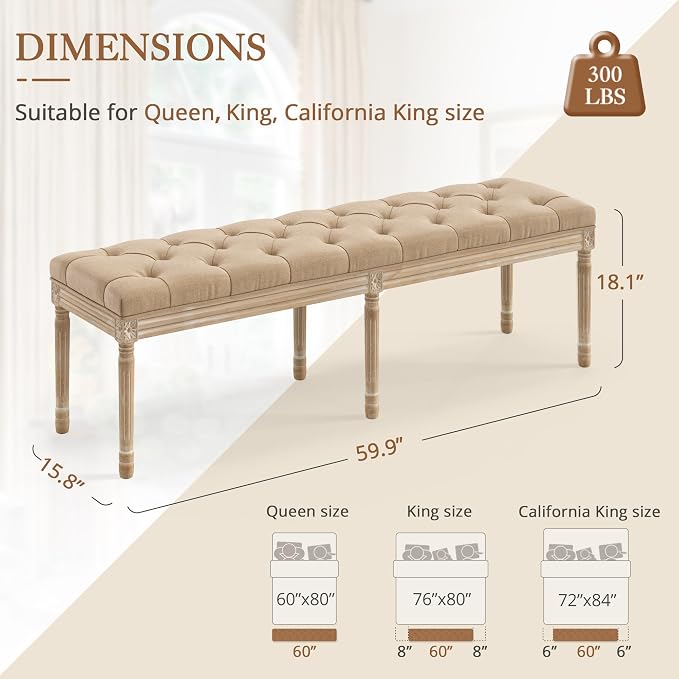 LUE BONA 60" Fabric End of Bed Bench, Upholstered Tufted French Bedroom Bench with Carved Legs for Bedroom End of King Size Bed, Living Room, Wheat - Image 3