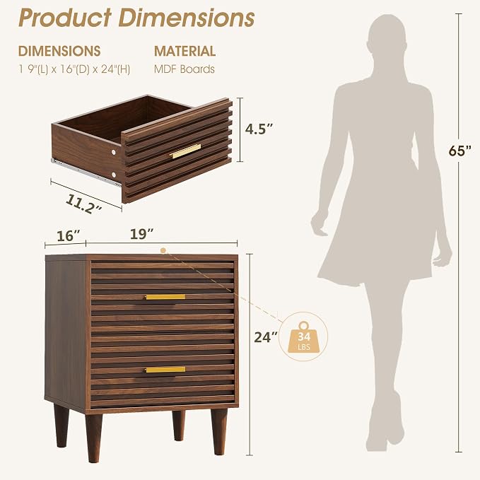 Alohappy Nightstand, Mid Century Modern Night Stands, Fluted Bedside Table for Bedroom, End Table with Storage Drawers, Vintage Bed Side Table Wood Accent Table for Living Room, Brown 1pc - Image 3