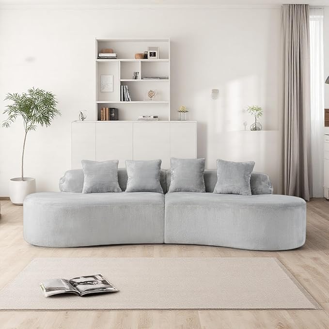 Curved Multi-Seater Sofa, Modern Modular Sofa with Cylindrical Backrest & 4 Coordinating Pillows, 111'' Flannelette Leisure Combination Couch with Ergonomic Design for Living Room, Light Grey