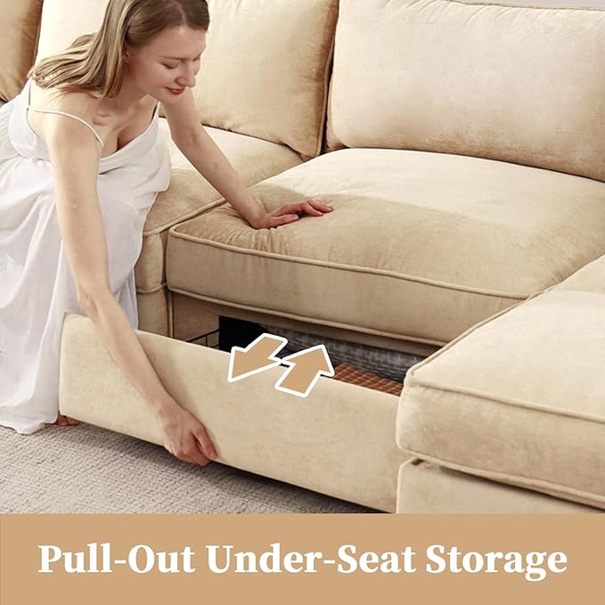 Rovibek 112” L Shaped Couch with Storage, Chenille Sofas for Living Room, Sectional Couch with Pull Out Drawer & Throw Pillows & Storage Ottoman, Wheat