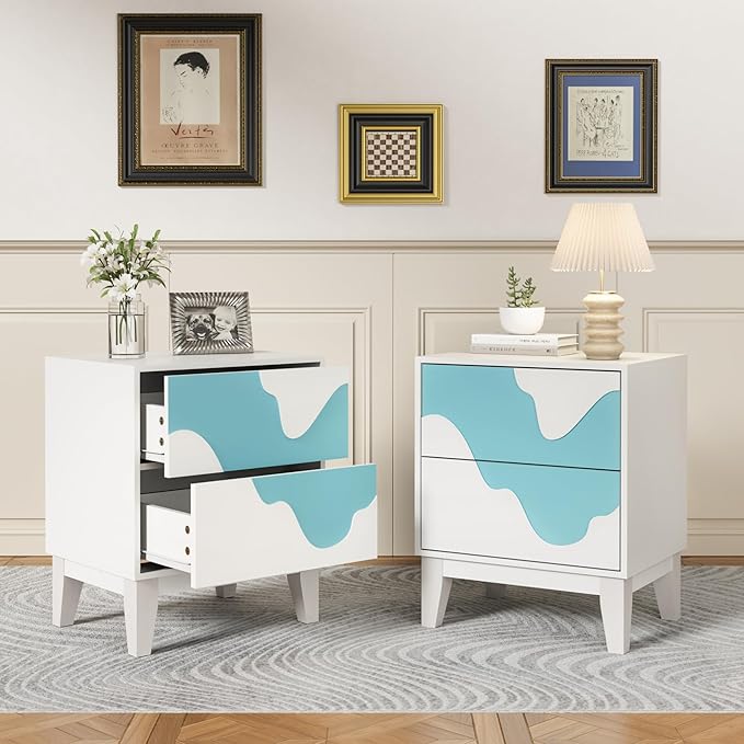 Anbuy Water Stream 9 Drawer Dresser and Water Stream Night Stand Sets for Bedroom, Two Drawers Nightstand Set of 2 & 9 Drawer Dresser Combo 3 Pieces (White)
