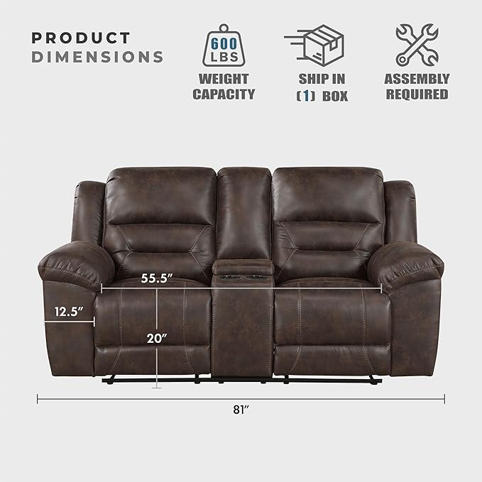 Lexicon Double Recliner Loveseat with Center Console, Wall Hugger Manual Reclining Couch, Textured Microfiber Upholstered Dual Reclining Love Seat, Home Theater Seating, Required Assembly, Dark Brown