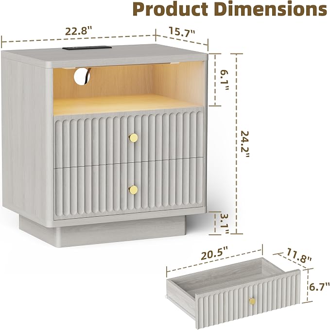 PAPROOS 23'' Fluted Nightstand Set of 2 with Charging Station, Modern Bedside Table with Motion Sensor LED Light, 2-Drawer Storage Cabinet for Bedroom & Home Office (2 pc Beige Gray) - Image 3