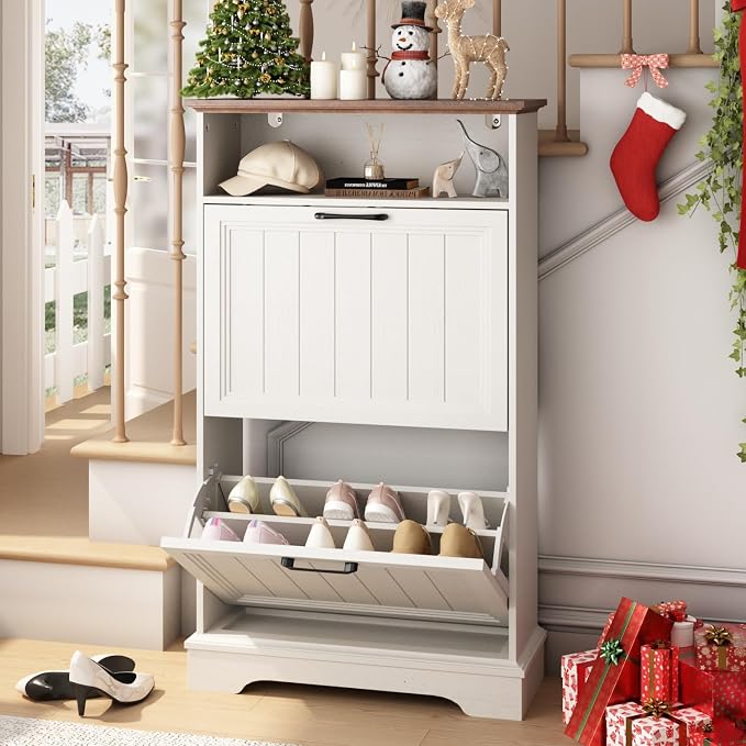 Shoe Storage Cabinet with 2 Flip Drawers, 24" W Farmhouse Modern Hidden Shoes Rack Cabinet with Adjustable Shelves & Open Storage, Narrow Slim Shoe Organizer for Entryway, Hallway, Antique White by WINWY