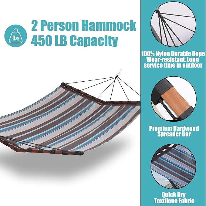 TegerDeger 12FT 2 Person Hammock Large Hammock Quick Dry 450LB Capacity with V Shaped Hardwood Spreader Bar & Nylon Rope for Outside, Patio, Garden, Backyard, Beach, Poolside - Brown Stripes - Image 4