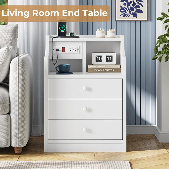 ADORNEVE Night Stand Set 2,White Nightstand with Charging Station & Hutch,Night Stands for Bedrooms Set of 2,Bedside Table with Drawers - Image 6