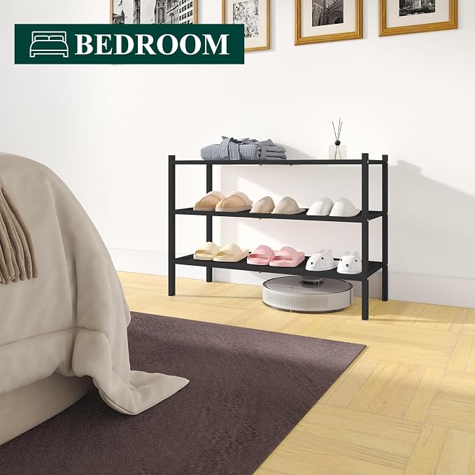 Smiry Bamboo Shoe Rack, 3 Tier Shoe Organizer for Entryway & Closet, Stackable Free Standing Storage Shelf for Shoes, Bags & Plants, Black - Image 7