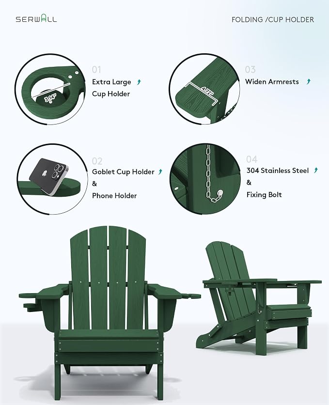 SERWALL Adirondack Chair with Cup Holders - Composite Adirondack Chairs Set of 2 HDPE Outdoor Chairs All Weather Use- Green - Image 8