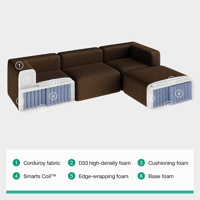 Novilla 106" Modular Sectional Sofa, Modern Cloud Sectional Couch with Smarts Coil® Support, U-Shape Boneless Couch for Living Room Apartments, No Assembly Required, Brown (3 Seat w/ 2 Ottoman)