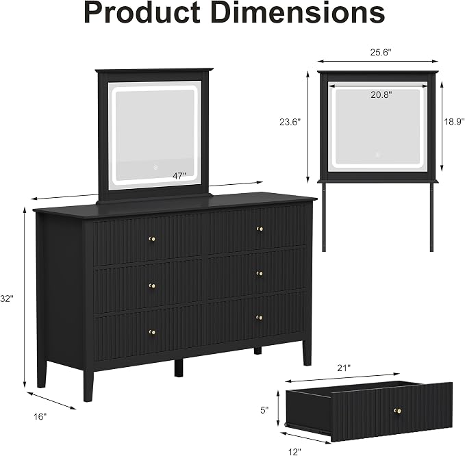 RoyalCraft Black Vanity Desk with Lighted Mirror, Fluted Makeup Vanity Table with 3 Lighting Modes, Modern Wood Dressing Table with 6 Drawers for Bedroom - Image 2