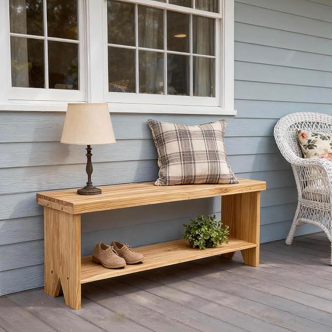 43" Solid Wood Farmhouse Bench, Entryway Bench with Storage Shelf, Narrow Rustic Indoor Bench for Bedroom, Entryway, Hallway, Dining - Image 6