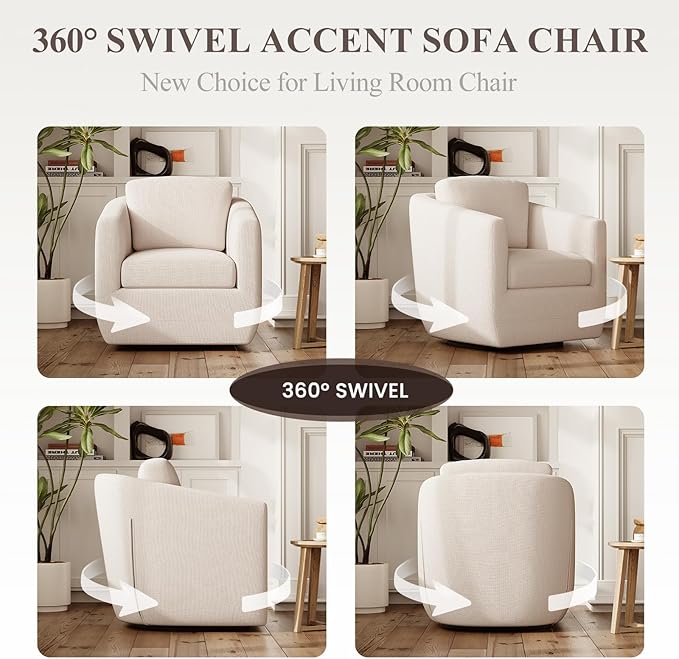 COLAMY 360° Swivel Accent Chair, Fully Assembled Living Room Armchair with Pillow, No-Sag Foam, Sturdy Metal Base, Swivel Accent Single Sofa for Bedroom Living Room, Reading Room, Beige