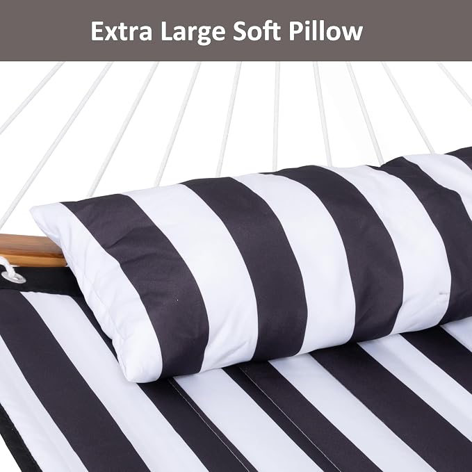 SUNCREAT Hammocks Extra Large Hammock with Stand Included, Double Hammock with Curved Spreader Bar, Black Stripes - Image 3