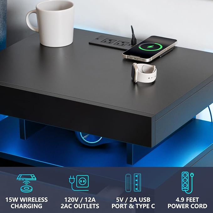 HOMMPA Set of 2 LED Nightstands with Wireless Charging Station Concrete Gray Matte Bedside Table with Led Light Smart Nightstand USB Port 3 Drawers Night Table Tall Wood LED Night Stand for Bedroom - Image 4