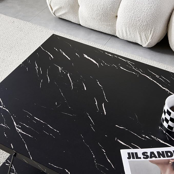 Btrpily Wooden Coffee Table - Modern Marble Coffee Table， Contemporary, Stylish, High-End Furnishing for Your Living Room (Black Marble, Rectangle)