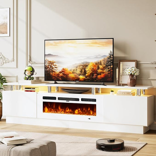 80" Entertainment Center & TV Stand, Modern Media Console with Storage Cabinet, Fits TVs up to 90", Living Room Furniture, 36" Electric Fireplace (All White) by Unknown