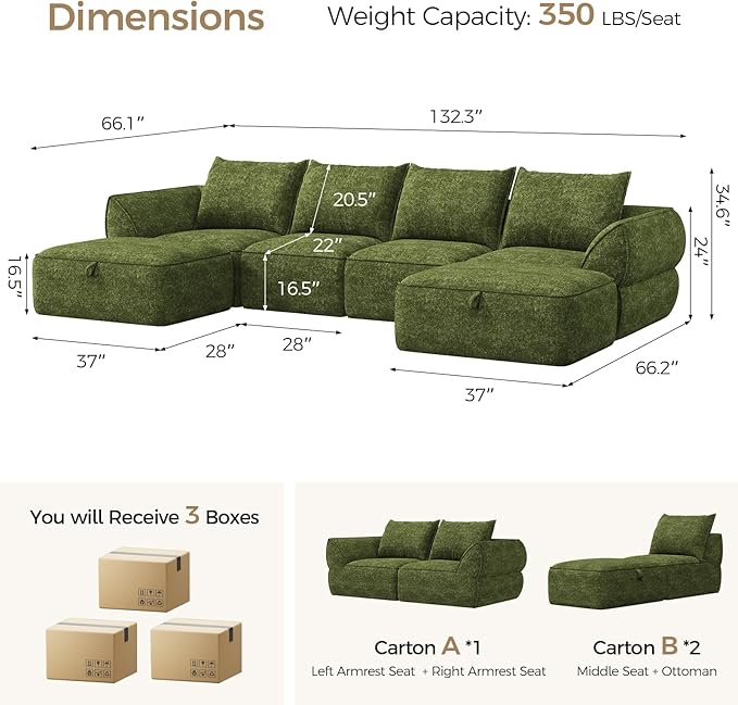 132" Modular Sectional Sofa with Deep Seat, U-Shaped Cloud Couch for Living Room, 4-Seater Boneless Sofa with 2 Ottomans, Flexible Combination Modern Upholstery Sofa, No Assembly Required, Algae Green