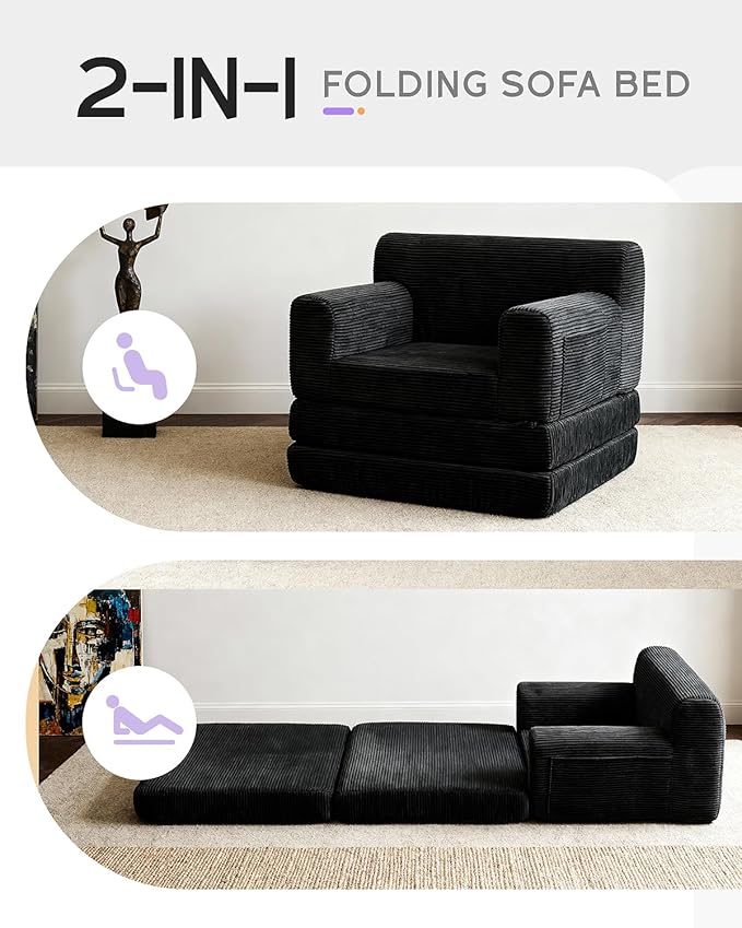 Boneless Couch Sofa Bed, Convertible Sleeper Chair with One-Piece High-Density Foam (No Lumps), Foldable Floor Mattress for Adults Guest Gaming, Non-Slip, Side Pockets, 84"x35", No Assembly