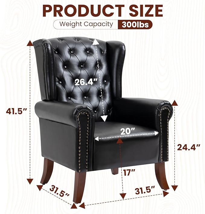 Faux Leather Accent Chair, Mid-Century High Back Armchair Upholstered Club Sofa Chair with Wooden Legs, Living Room Chair for Bedroom, Office, Lounge (Black)