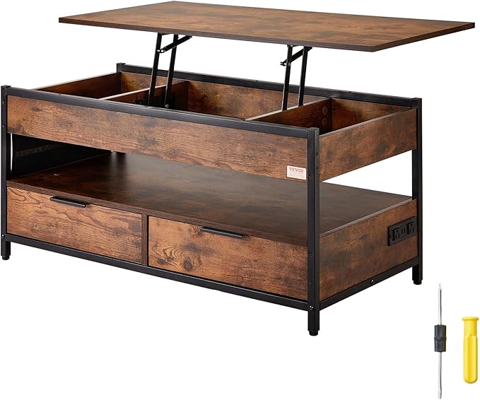 VEVOR Lift Top Coffee Table, 39.4 in Rectangle Coffee Table with Extra Storage Pockets, Pop Up Coffee Table with Power Strip & USB & Ambient Lighting for Living Room, Brown