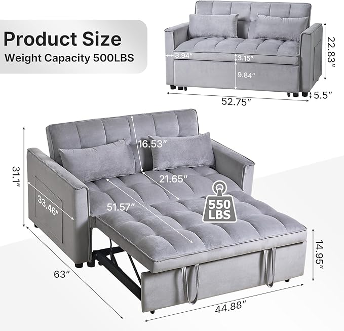 Rovibek 3 in 1 Sleeper Sofa Bed, 53'' Pull Out Couch Convertible Futon Loveseat with Adjustable Backrest, Velvet Sleeper Chaise Lounge Futon for Apartment Office Small Space, Grey