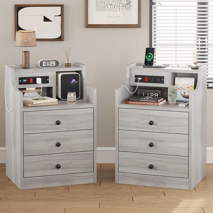 ADORNEVE Nightstand Set 2,Gray Nightstand with Charging Station & Hutch,Night Stands for Bedrooms Set of 2,Bedside Table with Drawers by ADORNEVE