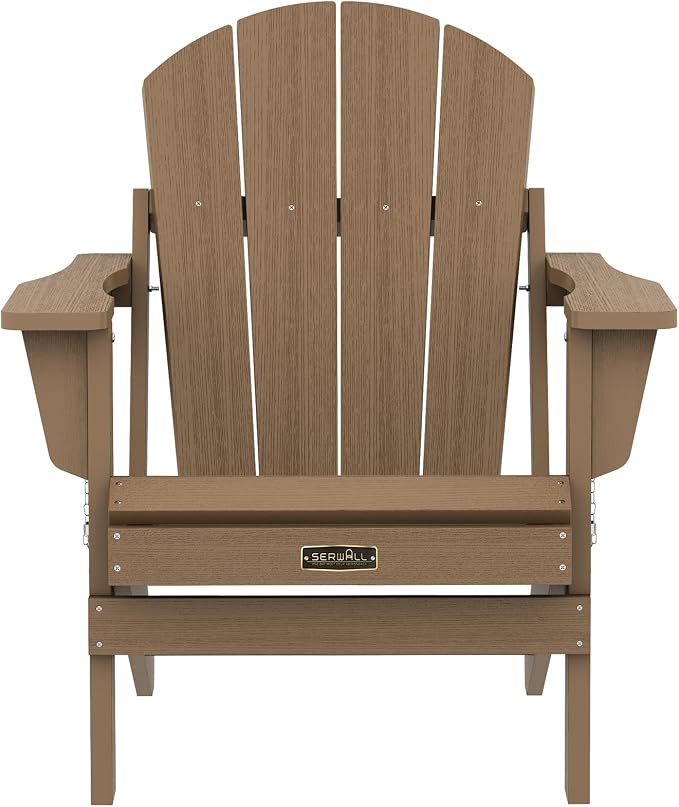 SERWALL Folding Adirondack Chair Set of 6, Wooden Textured Lawn Chair with Cup Holder for Patio Garden Weather Resistant Outdoors Fire Pit Chairs- Brown - Image 8