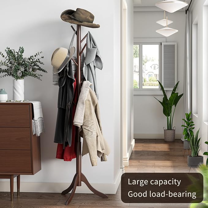 Coat Rack Freestanding, Coat Stands Entryway, Bamboo Coat Rack Hat Hanger 8 Hook for Jacket, Purse, Scarf Rack, Umbrella Tree Stand (Brown) - Image 2