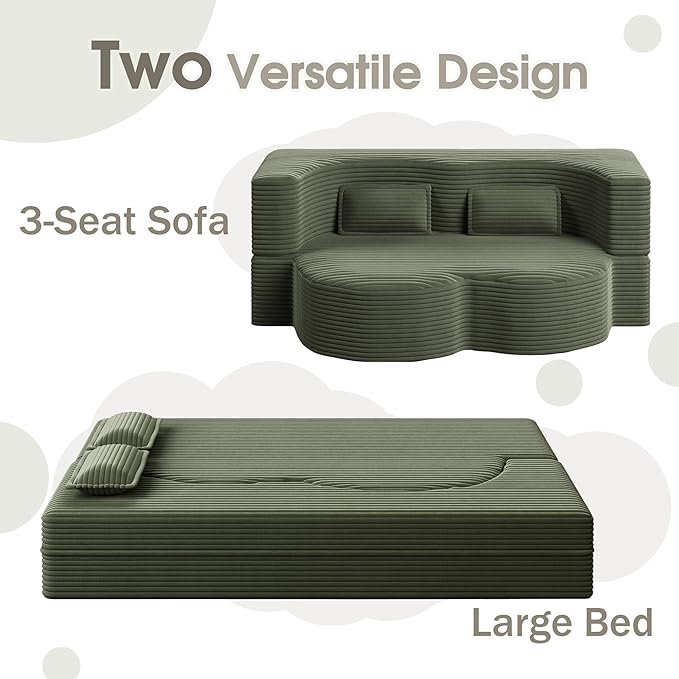 78" Convertible Sofa Bed, 2-in-1 Folding Floor Couch with 2 Pillows, Sleeper Sofa for Living Room and Bedroom, No Assembly Required (Green, Corduroy Fabric)