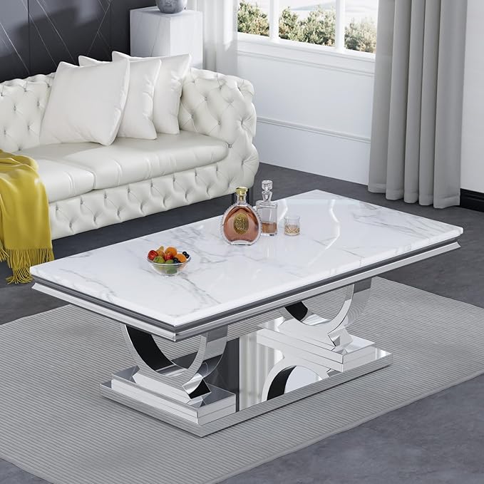 Modern Marble Coffee Table, Rectangular White and Silver with U-Shape Stainless Steel Base with Silver Mirrored Finish for Living Room, Simple Assembly (Silver3)
