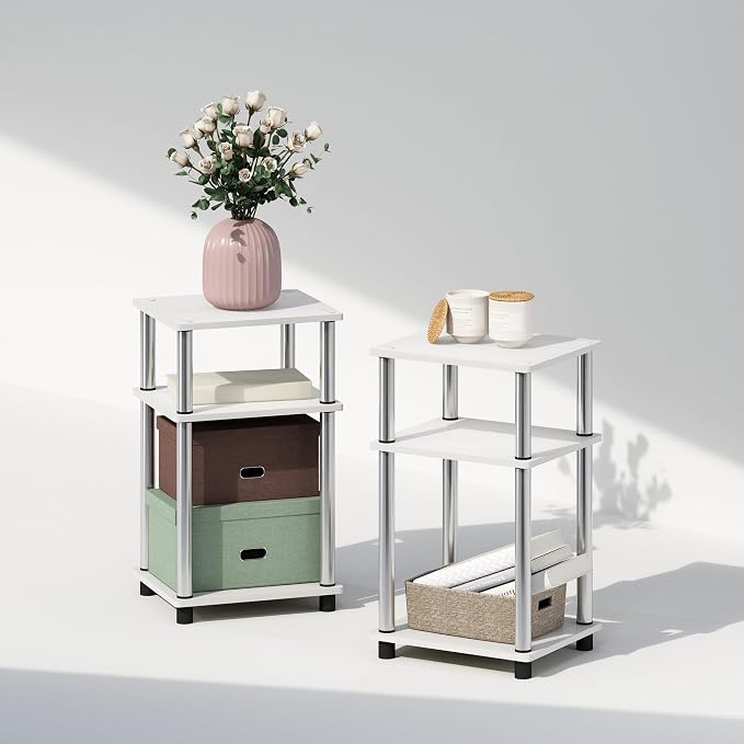 Furinno Just 3-Tier Turn-N-Tube Open Storage Nightstand, 2-Pack, Plastic Poles, White Oak/Stainless Steel by Furinno-FitsYourSpaceFitsYourBudget