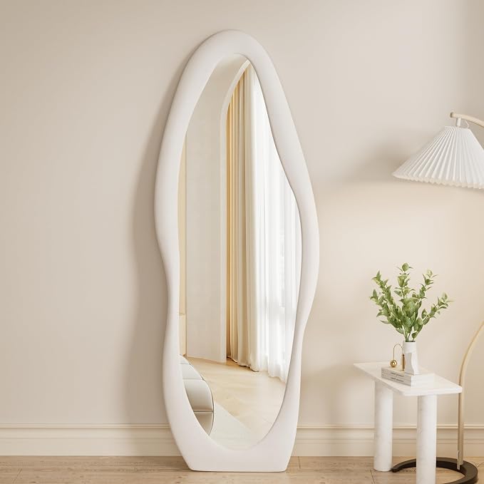 Rowjut Full Length Mirorr, 63"x24" Mirror Full Length, Irregular Wall Mounted Mirror, Standing Floor Mirror with Flannel, Wavy Body Mirorr Hanging or Leaning Against Wall for Bedroom (White) - Image 3