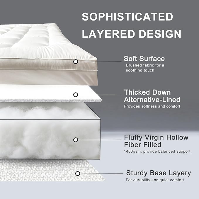 2~3In Mattress Topper Queen for Back Pain Relief, Add Cushion for Firm Mattresses, Better Sleep - Cooling Cloud-Like Comfort Extra Fluffy Layer, RV Mattress Pillow Top, 8-21" Deep Pocket