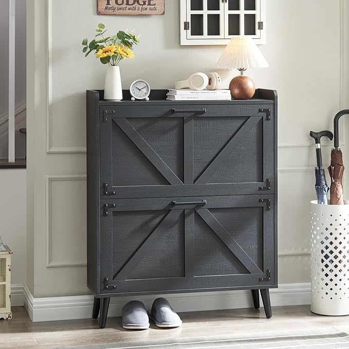 Barnyatoh Shoe Storage Cabinet with 2 Flip Drawers, Farmhouse Hidden Shoe Organizer, Narrow Slim Shoe Rack Cabinet for Entryway Hallway,Black by Barnyatoh