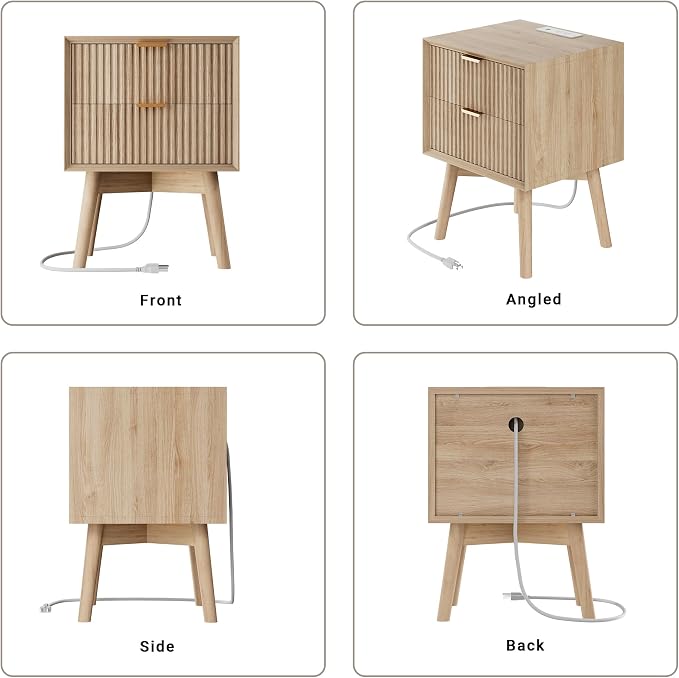 Fluted Nightstands Set of 2 with Charging Station and Solid Wood Legs, 18" Beveled Edges Night Stand, 2 Drawer Wood End Table w/Metal Handle, Modern Bedside Table for Bedroom, Natural Oak - Image 7