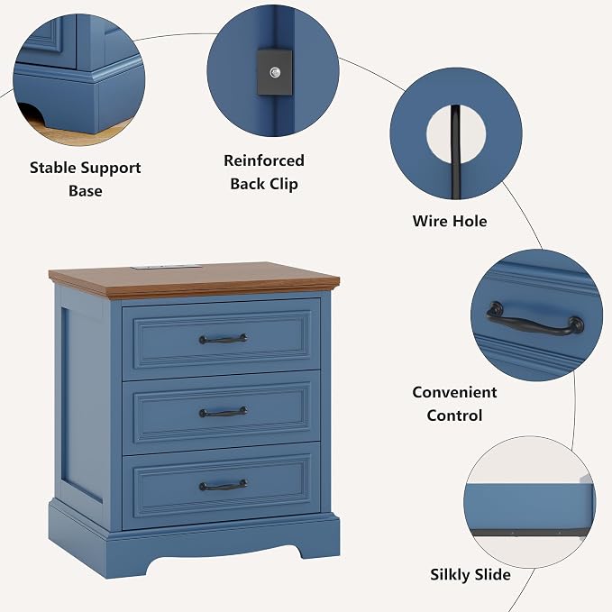 Farmhouse Nightstand Set of 2, Wood Night Stand with 3 Drawers and Charging Station Modern Bedside Table for Bedroom End Side Table Storage Cabinet Small 6 Drawers Dresser (2, Blue) - Image 7