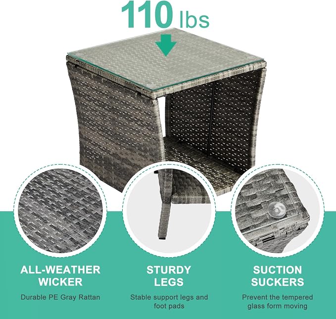 VINGLI Outdoor Wicker Side Table Patio Side Tables for Outside, Tempered Glass Top Wicker Table with Storage End Table for Balcony Porch Deck (Grey) - Image 4