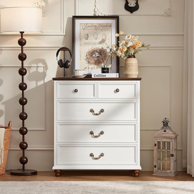 Joaxswe Farmhouse 5 Drawer Dresser for Bedroom, 35" Tall Rustic Chests of Drawers w/ 4 Solid Wood Feet, Mid Century Modern Wooden Closet Storage Dressers Organizer for Living Room, Hallway,White - Image 8