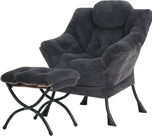 Lazy Chair with Ottoman, Modern Accent Chair Lounge Leisure Sofa Chair with Armrests, Reading Chair and Folding Footstool for Living Room, Bedroom, Office, Plush Navy