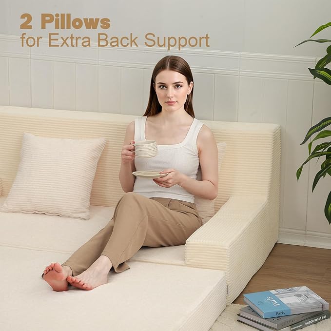 MeMoreCool Boneless Folding Queen Sofa Bed – Corduroy Convertible Futon Sleeper Couch with Foam Core & Pillow, Washable Cover, Space-Saving Floor Sofa for Living Room, Guest Bedroom, Apartment