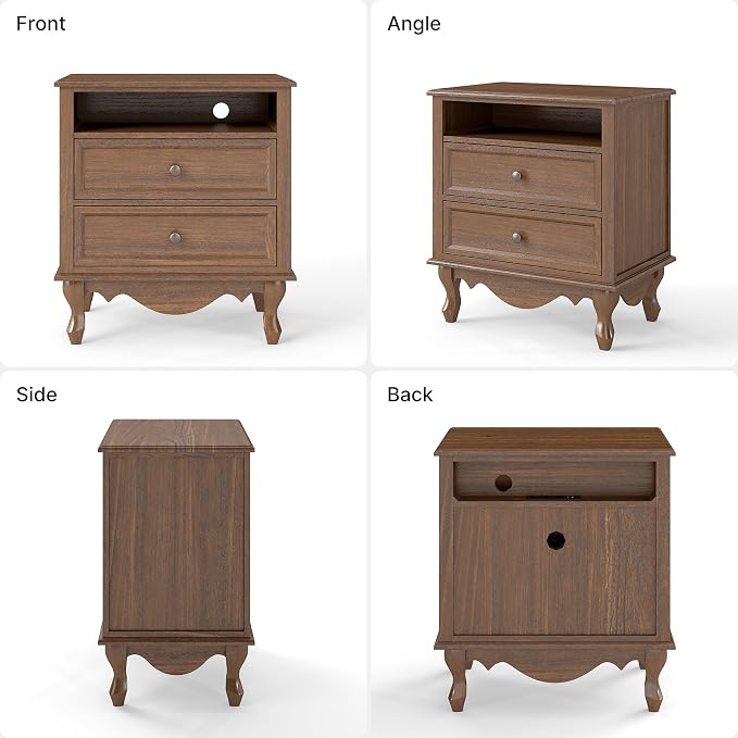 Solid Wood Nightstands Set of 2, Fully Assembled Night Stand with 2 Drawer & Open Shelf Storage, Bedside Table with Charging Station, Mid-Century Modern End Table for Bedroom, Walnut - Image 9