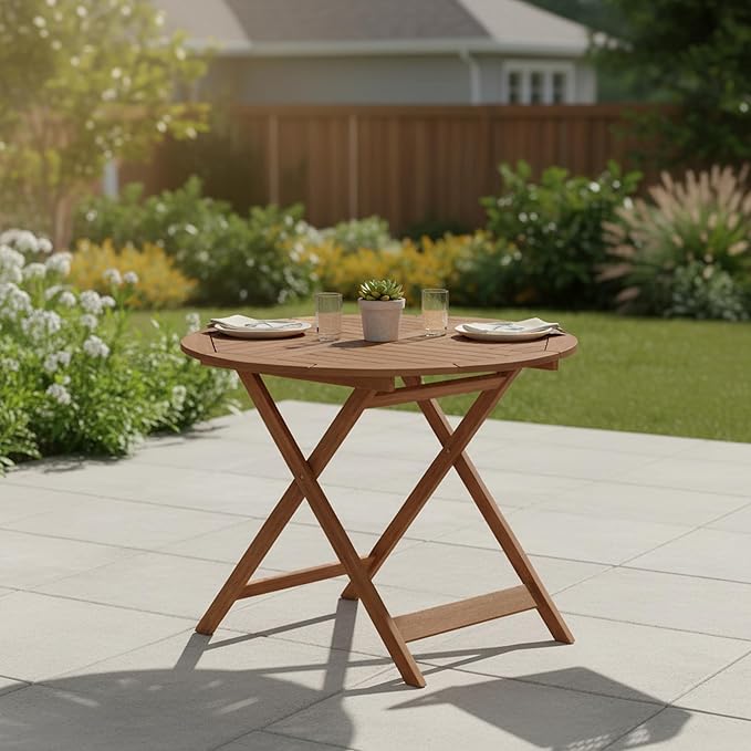 Furinno TIOMAN Folding Patio Dining Table, Outdoor Wooden Table with Umbrella Hole, Round 4-Person Patio Table for Garden, Porch, Backyard, Light Wood by Furinno-FitsYourSpaceFitsYourBudget