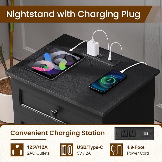 20-Inch Wide Modern Nightstands Set of 2 with Charging Station, End Tables with 3 Large Drawers, Simple Design Bedside Table for Bedroom and Office,Black - Image 3