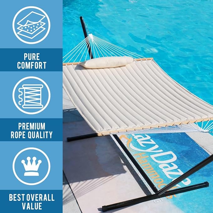 Lazy Daze Hammocks 12 FT Double Quilted Fabric Hammock with Spreader Bar and Detachable Pillow, 2 Person Hammock for Outdoor Patio Backyard Poolside, 450lbs Weight Capacity, Natural - Image 6