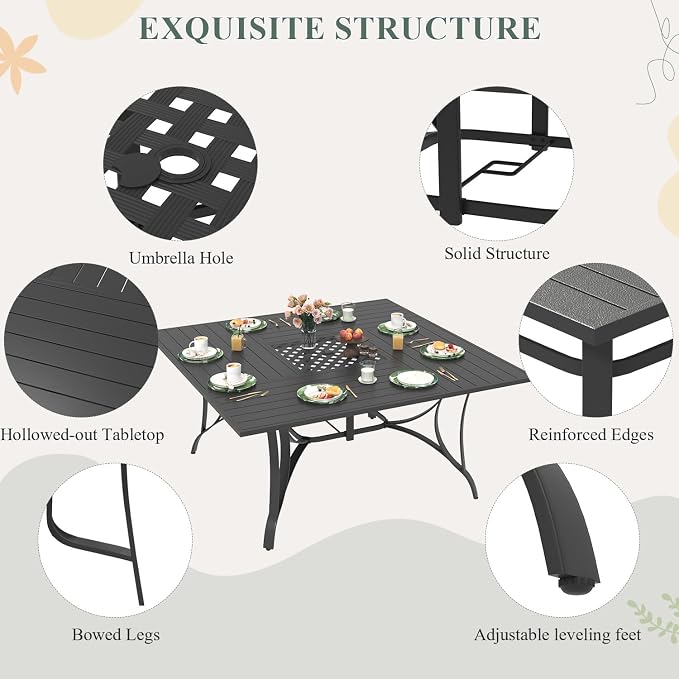 9 Pcs Patio Dining Set for 8, All Weather Outdoor Furniture Set, 59.6" Square Metal Dining Table with Umbrella Hole and 8 High Back Textilene Swivel Chairs for Deck Garden Lawn Poolside, Grey - Image 5