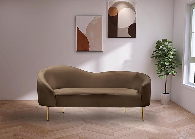 Meridian Furniture 659Brown-L Ritz Collection Modern | Contemporary Upholstered Loveseat with Rich Brown Velvet, Gold Metal Legs, Curved Contemporary Design, 67" W x 31.75" D x 30.5" H, Brown