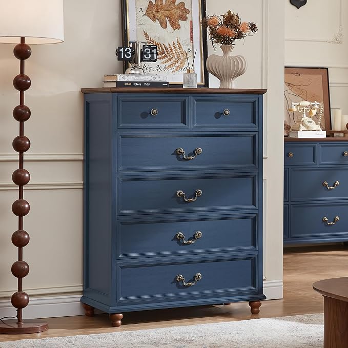 Joaxswe Farmhouse 6 Drawer Dresser Set of 2 for Bedroom, 42" Tall Rustic Chests of Drawers w/ 4 Solid Wood Feet, Mid Century Vintage Wooden Closet Storage Dressers Organizer for Living Room,Blue - Image 6